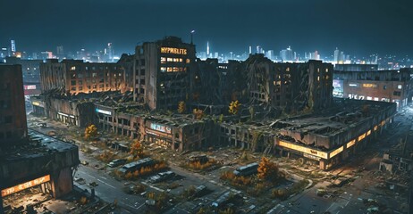 Fototapeta premium abandoned city town wasteland in autumn at night. rotting old buildings and overgrown towers. cars, junk, debris, and rubble.