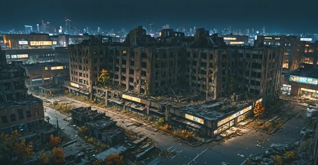 Fototapeta premium abandoned city town wasteland in autumn at night. rotting old buildings and overgrown towers. cars, junk, debris, and rubble.