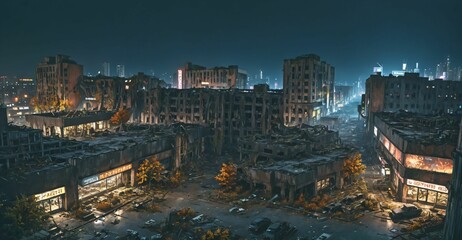 Naklejka premium abandoned city town wasteland in autumn at night. rotting old buildings and overgrown towers. cars, junk, debris, and rubble.