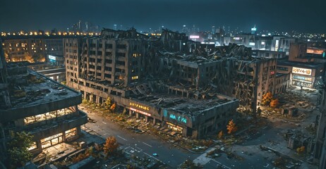 Obraz premium dark dystopian cyberpunk abandoned derelict city buildings parking lot in post apocalyptic aftermath overgrown town at night in autumn fall. neon lights with scattered debris, rubble, and junk.