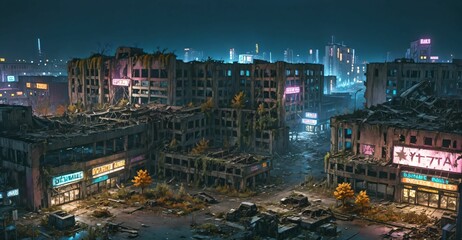 Obraz premium dark dystopian cyberpunk abandoned derelict city buildings parking lot in post apocalyptic aftermath overgrown town at night in autumn fall. neon lights with scattered debris, rubble, and junk.