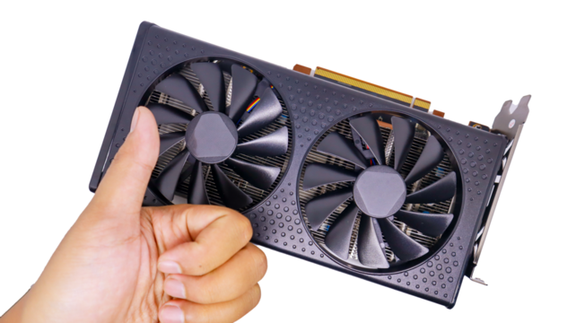 A graphics card with a man's thumbs up, indicates approval or satisfaction with the graphic card's performance Isolated on a White Background.