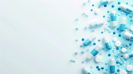 Blue and white capsules on a light blue background with copy space.