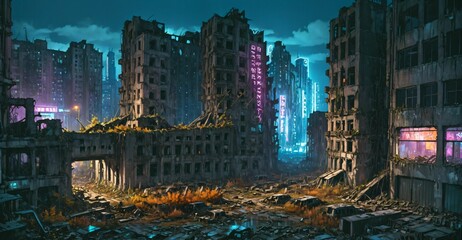 Fototapeta premium dark dystopian cyberpunk abandoned derelict city buildings in post apocalyptic aftermath overgrown town at night in autumn fall. neon lights with scattered debris, rubble, and junk.