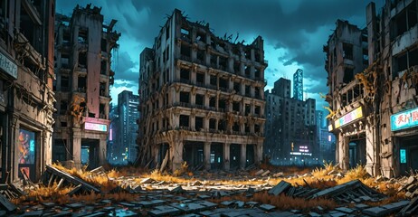 dark dystopian cyberpunk abandoned derelict city buildings in post apocalyptic aftermath overgrown town at night in autumn fall. neon lights with scattered debris, rubble,  and junk.