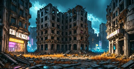 Fototapeta premium dark dystopian cyberpunk abandoned derelict city buildings in post apocalyptic aftermath overgrown town at night in autumn fall. neon lights with scattered debris, rubble, and junk.