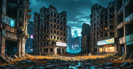 Fototapeta premium dark dystopian cyberpunk abandoned derelict city buildings in post apocalyptic aftermath overgrown town at night in autumn fall. neon lights with scattered debris, rubble, and junk.