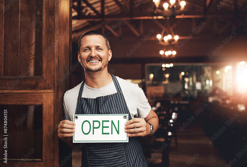 Poster Open sign, portrait and smile with man at brewery entrance for beer tasting, hospitality or service. Door, restaurant and small business owner with happy barista in apron for reopening of beerhouse