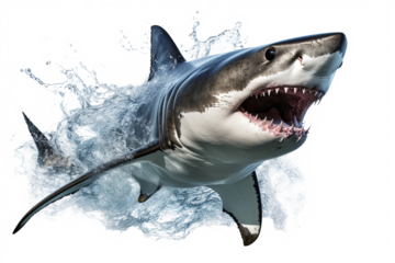 Dynamic shark jumping out of water with splash effect, PNG style transparent background for ocean and marine life designs