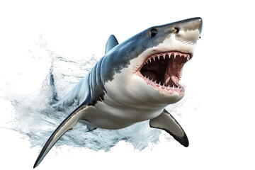 Dynamic shark jumping out of water with splash effect, PNG style transparent background for ocean and marine life designs