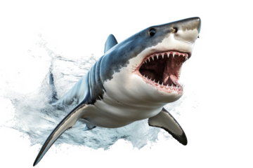 Dynamic shark jumping out of water with splash effect, PNG style transparent background for ocean and marine life designs