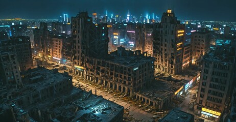Fototapeta premium abandoned dystopian cyberpunk city ruins derelict buildings and towers at night. urban town district overgrown building exterior cityscape.