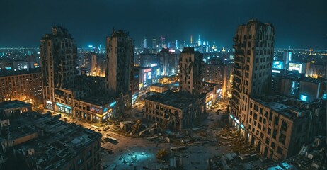 Obraz premium abandoned dystopian cyberpunk city ruins derelict buildings and towers at night. urban town district overgrown building exterior cityscape.
