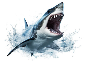 Naklejka premium Dynamic shark jumping out of water with splash effect, PNG style transparent background for ocean and marine life designs