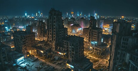Obraz premium abandoned dystopian cyberpunk city ruins derelict buildings and towers at night. urban town district overgrown building exterior cityscape.