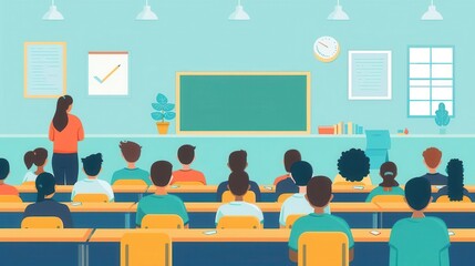 Students in a classroom listen to a teacher during a lesson. Engaged learning environment with diverse students. Modern educational setting.