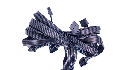 A tangled bundle of black PC cables with connectors isolated on a white background. Black PC Cables...