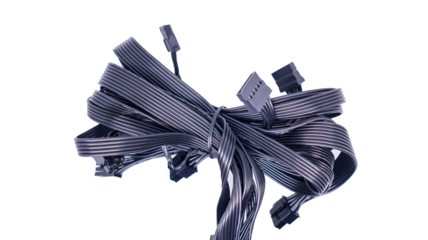 A tangled bundle of black PC cables with connectors isolated on a white background. Black PC Cables with Connectors.