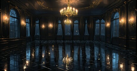 Obraz premium dark ballroom palace mansion castle room interior at night. luxury gothic Victorian decor and design. candlelight lighting with city view out of windows.