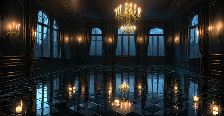 Obraz premium dark ballroom palace mansion castle room interior at night. luxury gothic Victorian decor and design. candlelight lighting with city view out of windows.