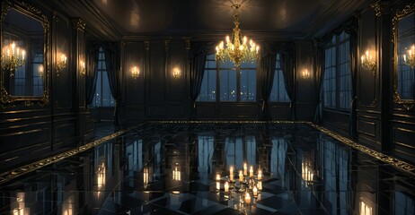 Obraz premium dark ballroom palace mansion castle room interior at night. luxury gothic Victorian decor and design. candlelight lighting with city view out of windows.