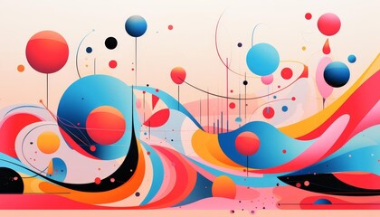 A whimsical abstract illustration with playful, abstract shapes dancing across a colorful background