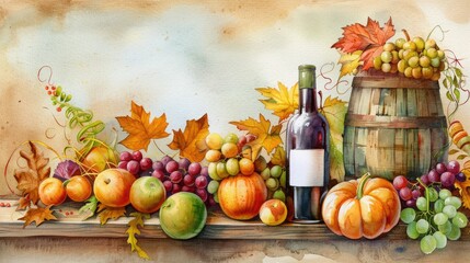 Autumn harvest scene with wine bottle, colorful fruits, pumpkins, and grapevine leaves, perfect for seasonal decorations or rustic themes.