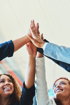 Happy, high five and business women in office for success, collaboration and partnership. Teamwork, support and hands for celebration in workplace for achievement and employees in global company