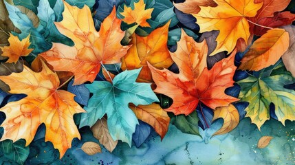 Fototapeta premium Colorful autumn maple leaves in vibrant shades create a beautiful and artistic fall season background, capturing the essence of nature's beauty.