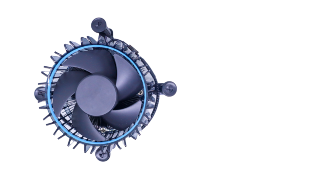 A close-up shot of a CPU cooler fan isolated on white backgrounds. The fan is black with blue accents and has a circular design with blades for efficient cooling.