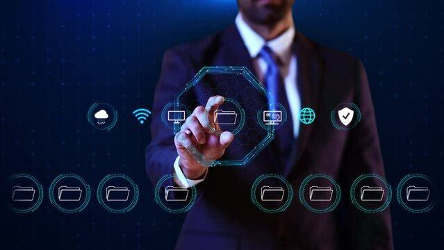Businessman virtual HUd Hologram Search Folder Files Transfer Data storage, gallery file manager, folder structure documents data scanning, digital storage software, cloud database, manage metaverse