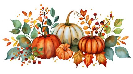 Watercolor autumn pumpkins and foliage illustration, perfect for fall themes, harvest designs, and seasonal decorations.