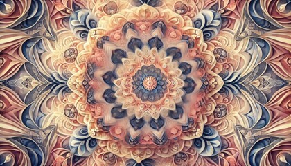 Abstract Floral Mandala Pattern in Beige, Blue and Pink.