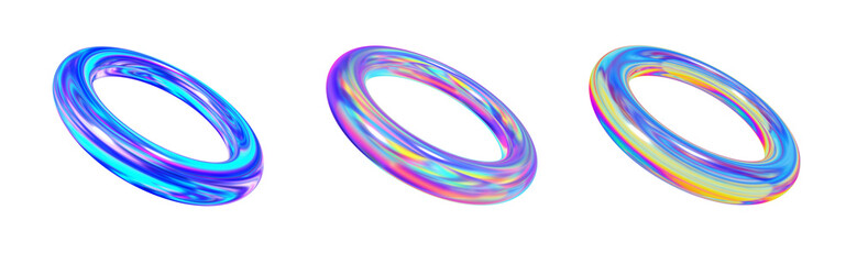 Holographic ring geometric shape realistic vector illustration. Glossy 3d object on purple background. graphic resource ring, futurism, mix of colors, 3D.