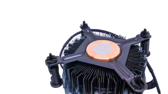 A close-up shot of a CPU cooler with a blue LED ring. The cooler is designed to dissipate heat from a processor, keeping it cool and functional Isolated on a white background.