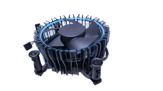 Close-up view of a CPU cooler with a blue LED lighting ring, showcasing the fan and its intricate design. This device helps to keep the CPU cool and prevent overheating.