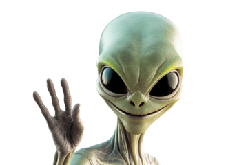 Smiling aliens waving greeting in futuristic arrival scene with transparent PNG background for sci-fi and fantasy design projects
