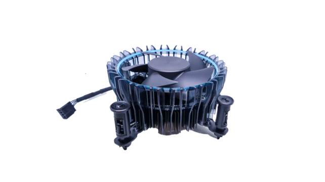 A close-up shot of a CPU cooler fan isolated on white backgrounds. The fan is black with blue accents and has a circular design with blades for efficient cooling.