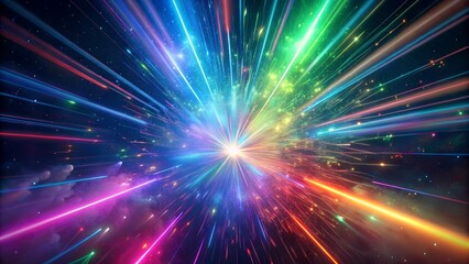 Naklejka premium Vivid illustration of a colorful cosmic explosion with radiant streaks of light and glowing particles in deep space.