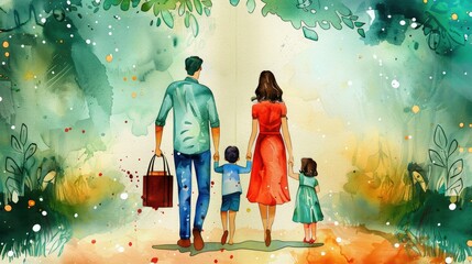 Watercolor painting of a family walking in nature, showcasing the beauty of family togetherness and the serene outdoors.