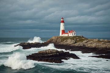 Red and white lighthouse standing on a rocky outcrop surrounded with waves letterpress. 