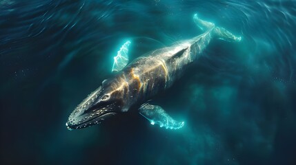 Fototapeta premium Majestic large whale swimming in open ocean waters. Wildlife. Marine life. Aquatic. Oceanic, A humpback whale gracefully swims in the ocean with sun rays penetrating the water