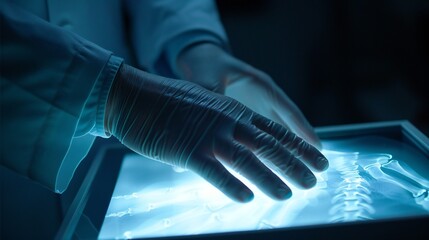 doctora??s hand on X-ray image viewer..