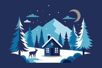 A winter scene with snow-covered trees, a cozy cabin, and wildlife like wolves 
