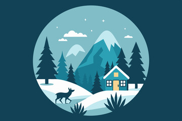 a winter scene with snow-covered trees, a cozy cabin, and wildlife like wolves 