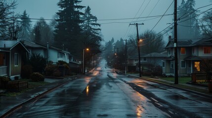 A gloomy suburban street where the only signs of life are the flickering porch lights and the sounds of televisions coming from inside the identical houses emphasizing the sense of