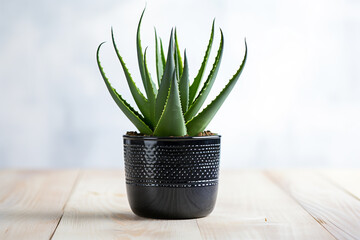 Aloe vera plant in a black pot on a white wooden