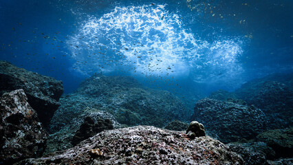 Underwater photo of rays of sunlight in blue colors over the reef. From a scuba dive in the south of Thailand. 