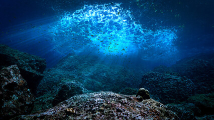 Underwater photo of rays of sunlight in blue colors coming through the surface over a reef. 