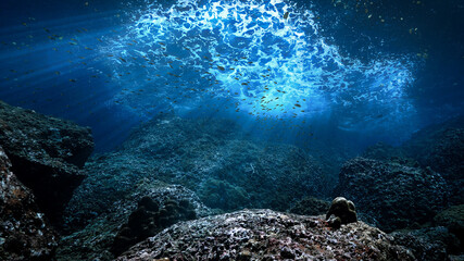 Underwater photo of rays of sunlight in blue colors coming through the surface over a reef. 